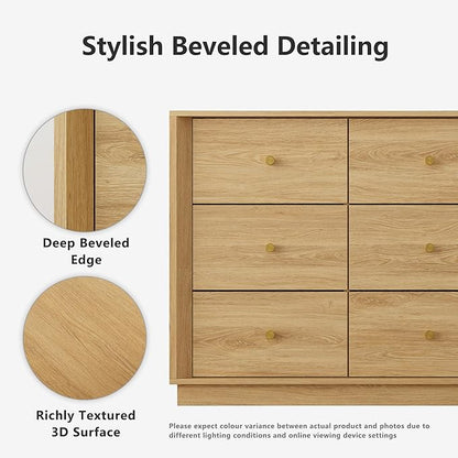 9 Drawer Dresser, Mid Century Modern Dresser with Storage, 55" Wide Chest of Drawers with Wood Grain Texture, Dressers TV Stand for Bedroom, Living Room, Hallway, Gold Oak