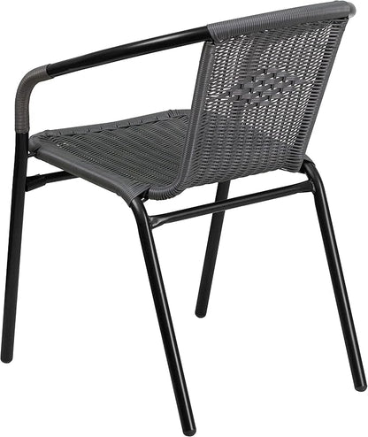 EMMA + OLIVER Set of 2 Modern Rattan Indoor/Outdoor Stack Chairs, Stacking Rattan Patio Chairs with Curved Back and Cross Bracing, Gray