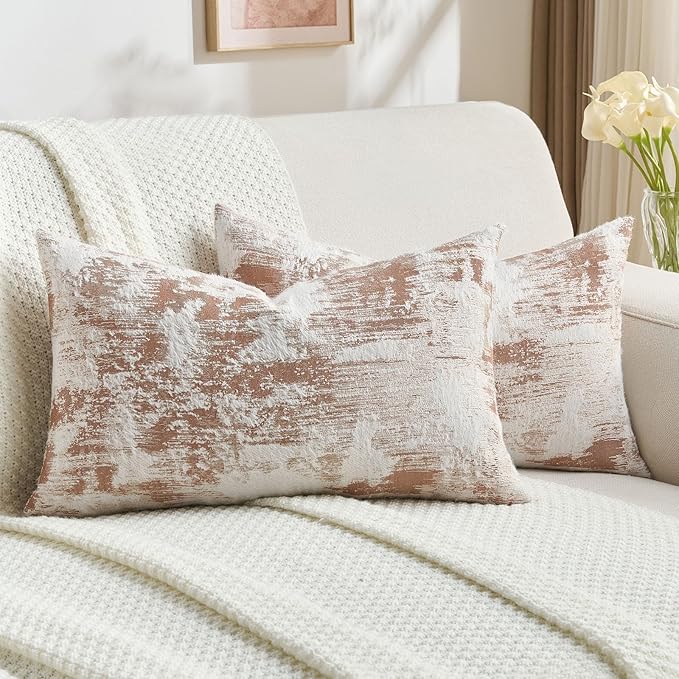 FUTEI Rust White Decorative Throw Pillow Covers 12x20 Inch Set of 2,Soft Faux Cashmere Jacquard - Textured & Cozy Pillow Case,Modern Home Decor for Couch Bed Living Room