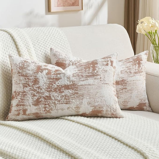 FUTEI Rust White Decorative Throw Pillow Covers 12x20 Inch Set of 2,Soft Faux Cashmere Jacquard - Textured & Cozy Pillow Case,Modern Home Decor for Couch Bed Living Room