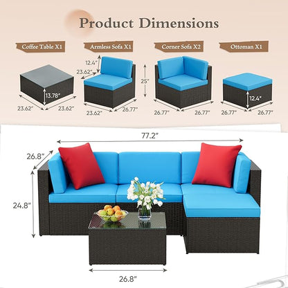 JUMMICO 5 Pieces Patio Furniture Set, Outdoor Sectional Sofa Conversation Sets, Couch Rattan Chair Wicker with Ottoman Cushion, Glass Tea Table and Pillows for Backyard Porch Garden Pool Balcony,Blue