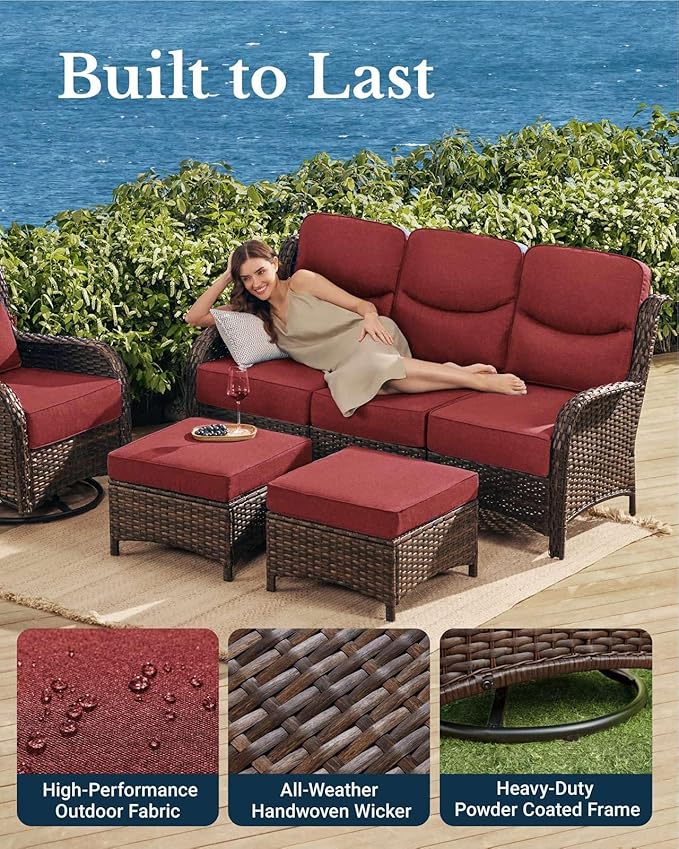HILLGA Luxury Patio Furniture Set with 6-Inch Thick Cushions, High Back Outdoor Swivel Rocker Chairs and Patio Couch, 13-Piece All Weather Conversation Set for Porch Deck Pool Yard, Burgundy (V3)