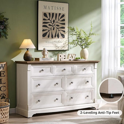 T4TREAM Farmhouse 7 Drawers Dresser for Bedroom, 54" Wide Wood Rustic Chest of Drawers w/Roman Column, Wooden Storage Dressers Organizer for Bedroom, Living Room, Closet, Antique White