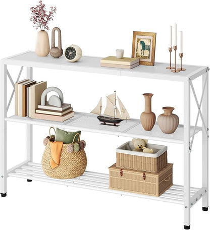Hoctieon White Industrial Console Table, 3 Tier Entryway Tables, Hallway Desk, Narrow Sofa Tables with Shelves, Entrance Table for Entryway, Living Room, Foyer, Hallway, Office, White