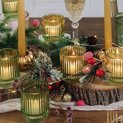 Kate Aspen Vintage Ribbed Glass Candle Holder Decor, Green Votive Candle Holders for Holiday Table Decor, Tealight Candles Holder Glass (Set of 6), Dinning & Christmas Table Decoration Tablescape