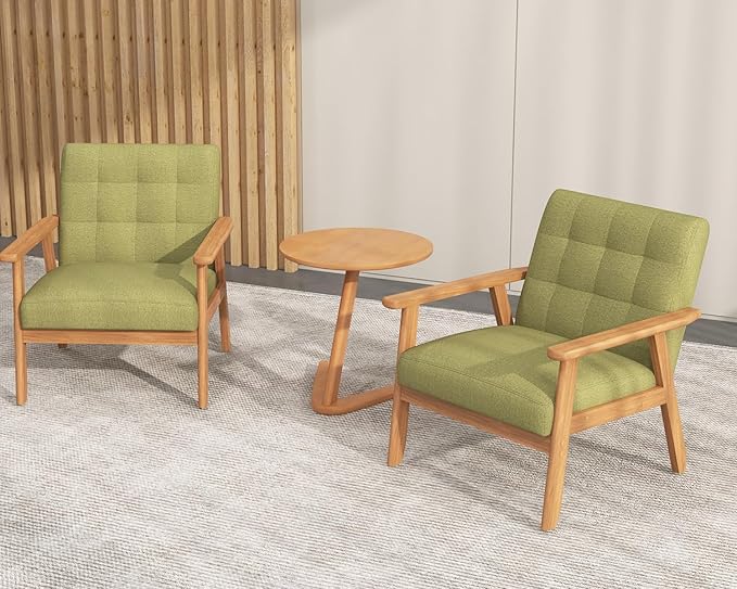 Modern Accent Chair with Wooden Table, Upholstered Linen Fabric Leisure Side Chair with Arm Rest and Wooden Frame for Living Room, Bedroom Reading (Green)
