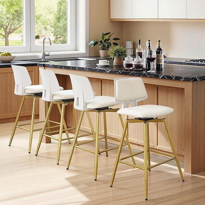 VECELO Swivel Upholstered Bar Stools Set of 2, Counter Height Barstools with Back, Metal Legs, 35.2-Inch Tall Barstools for Kitchen Island, Home Bar, Cafe, White