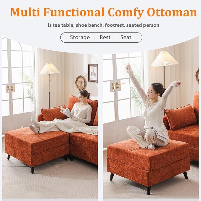 104'' Modular Sectional Sofa with All Seats Storage, Oversized U Shaped Couch for Living Room,3-Seater Comfy Cloud Couches with Movable Ottoman,Big Sectional for Bedroom,Velet,Orange