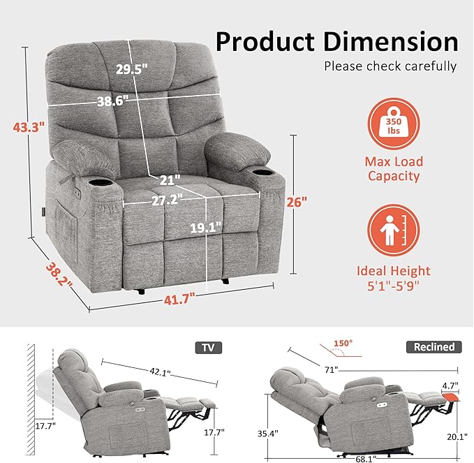 MCombo Oversized Power Lift Recliner Chair with Extended Footrest for Elderly People, Fabric R7289 (Light Grey, Medium-Oversize)
