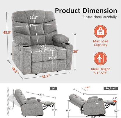 MCombo Oversized Power Lift Recliner Chair with Extended Footrest for Elderly People, Fabric R7289 (Light Grey, Medium-Oversize)