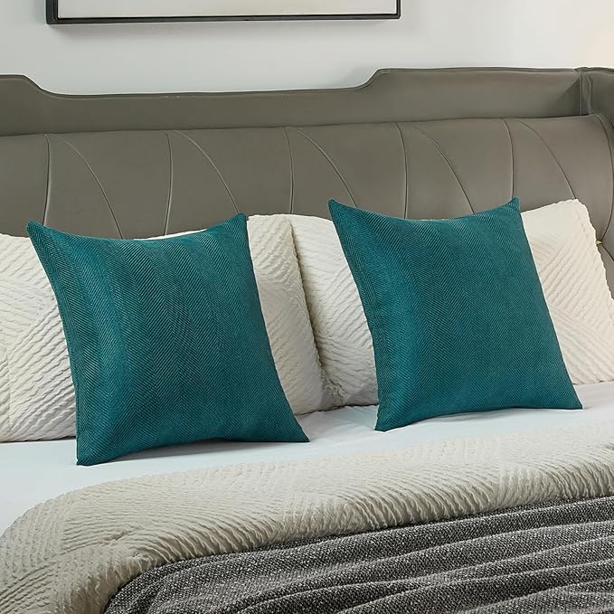 FUTEI Teal Chenille Throw Pillow Covers 16x16 Inch Set of 2,Soft Wide Chevron Textured Cushion Case,Farmhouse Home Decor for Couch Bed Living Room