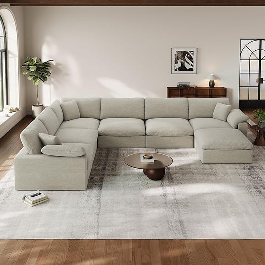 Cloud Modular Couch for Living Room,7 Seater U Shape Linen Blend Sofas,Modern Deep Seat Cloud Sofas,Convertible Comfort Down Filled Sectional Couches,Removable Washable Cushion Covers,Light Biege