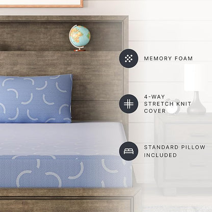 Signature Design by Ashley Full Size iKidz 7 Inch Firm Gel Memory Foam Mattress with Stretch Knit Cover & Pillow Included, Blue Ocean, Fiberglass Free, Mattress in A Box