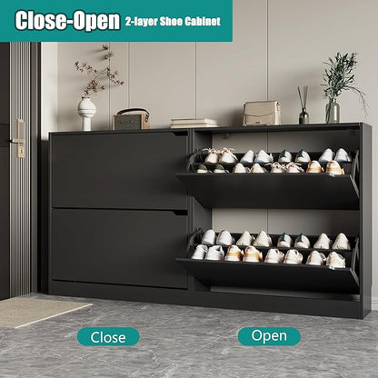 Shoe Storage Cabinet for Entryway with 2 Flip Drawers, Wood Freestanding Hidden Shoe Storage, Sturdy Narrow Slim Shoe Organizer for Front Door Entrance, Living Room, Hallway, Bedroom, Black