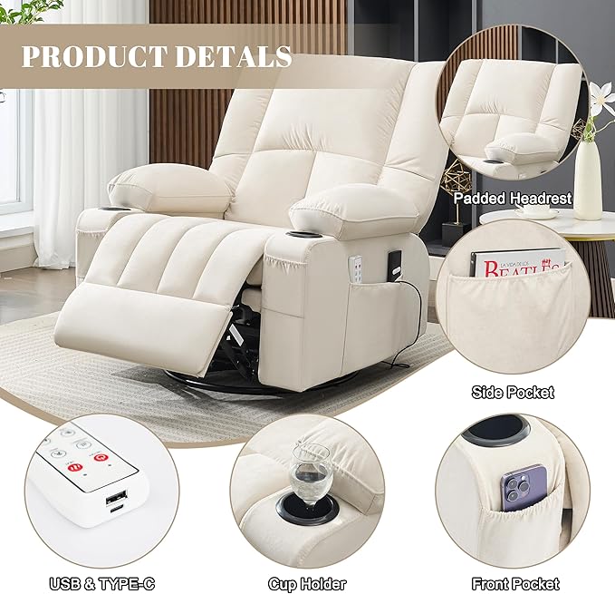 Swivel Rocker Chair with Heat and Massage, 270° Power Recliner Chairs for Adults, USB and Type-C Ports, Oversized Recliner Single Sofa, Electric Glider Chair(Beige)