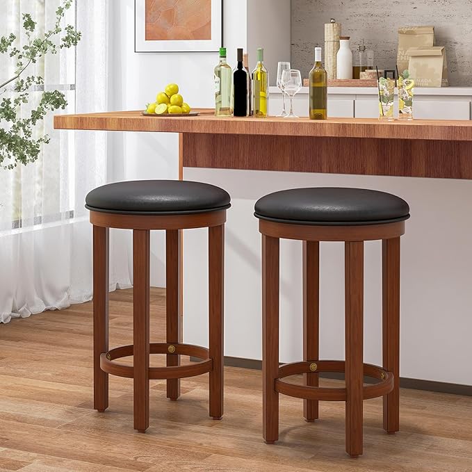 COSTWAY Upholstered Bar Stools Set of 2, 25” Counter Height Bar Chairs with Padded Cushion & Wooden Frame, Faux Leather Backless Stools for Kitchen, Dining Room, Pub, Black + Walnut