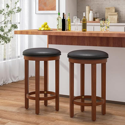 COSTWAY Upholstered Bar Stools Set of 2, 25” Counter Height Bar Chairs with Padded Cushion & Wooden Frame, Faux Leather Backless Stools for Kitchen, Dining Room, Pub, Black + Walnut