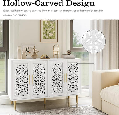 ARTPOWER 47.8" Accent Cabinet with 4 Doors, Vintage Hollow Carving Buffet Cabinet, Sideboards and Buffets with Storage, Credenza for Living Room, Kitchen, Dining Room, Entryway, Hallway, White