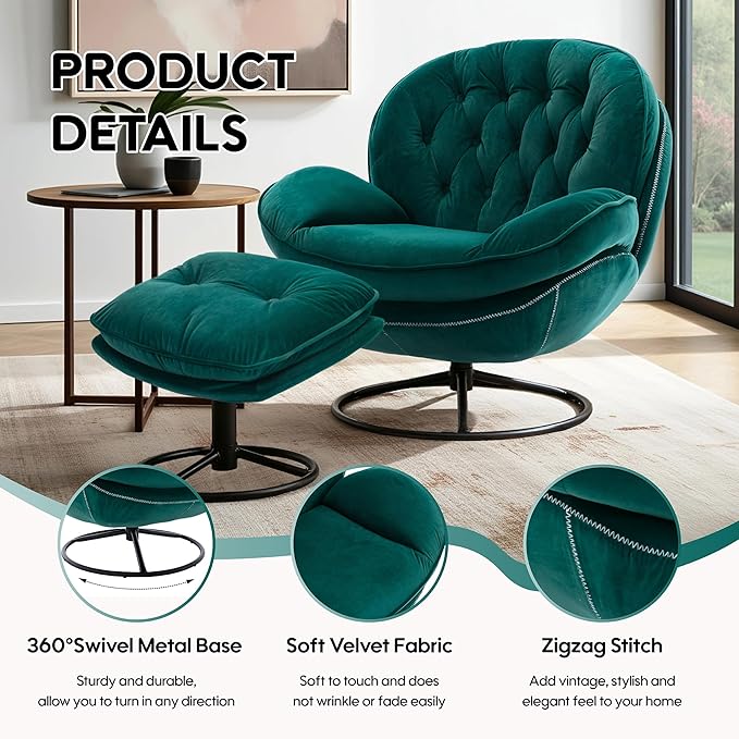 360° Swivel Modern Velvet Accent Chair with Ottoman | Mid-Century Button Tufted Lounge Chair for Living Room & Bedroom, Green