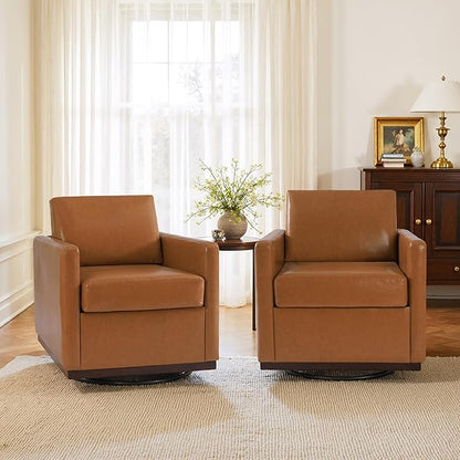 UIXE Faux Leather Swivel Accent Chairs Set of 2, Upholstered Armchair Comfy Club Chair for Living Room, Mid Century Modern Arm Chair Single Sofa Nook Bedroom Side Reading Seat - Light Brown