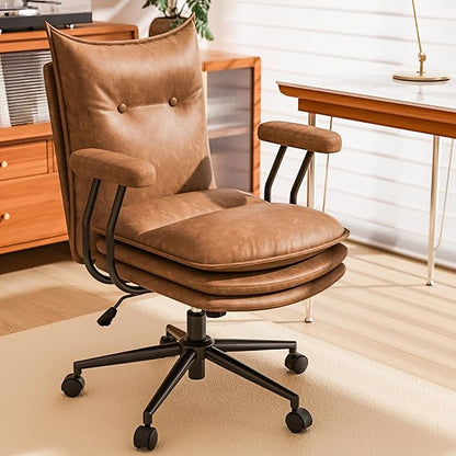 Brown Leather Office Chair with Wheels, Triple-Layers Thicken Wide Seat Height Adjustable, Mid-Century Modern Comfy Desk Chair for Home, Office