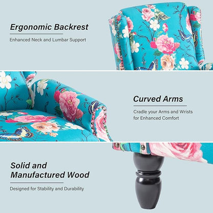 Recliner Chair, Upholstered Wingback Floral Pushback Armchair with Adjustable Backrest & Footrest, Comfy Accent Chair Reading Single Sofa for Small Spaces, Living Room, Bedroom (Peacock, Set of 1)