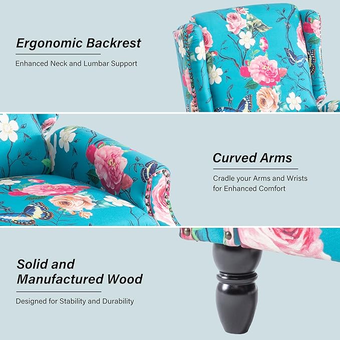 Recliner Chair, Upholstered Wingback Floral Pushback Armchair with Adjustable Backrest & Footrest, Comfy Accent Chair Reading Single Sofa for Small Spaces, Living Room, Bedroom (Peacock, Set of 2)