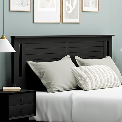 Serene Poplar Wood King Size Headboard in Black, Modern Farmhouse Panel with Horizontal Scoring, Casual Coastal Style, Easy Assembly, Quality Materials