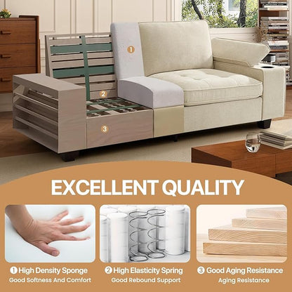 84" Loveseat for Living Room,Modern Chenille Upholstered 2-Seater Loveseat Couch for Apartment,Solid Wood Sofa with Adjustable Storage Armrest,Cup Holders,USB & Type-C Ports(Beige)
