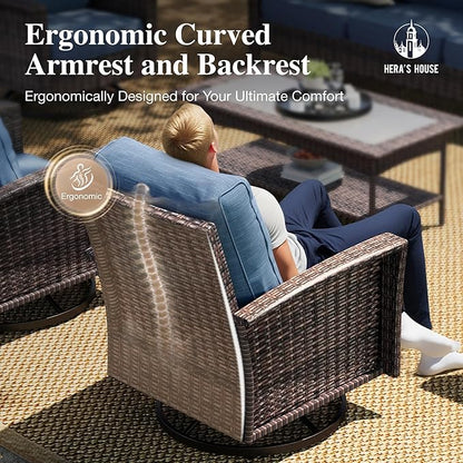 HERA'S HOUSE Outdoor Furniture with High Back Swivel Chairs, 4-Piece Patio Conversation Sets with 5.5" Thick Cushion, Deep Seating Wicker Rattan Sofa Set for Deck Lawn Deck Yard, Blue