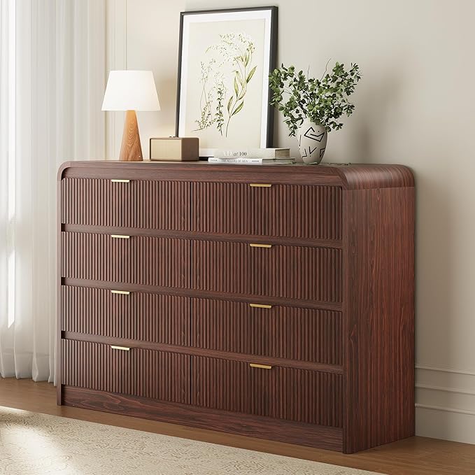 FURSUN Fluted 8 Drawers Dresser for Bedroom, 55" Wide Wooden Dresser with Metal Handle, Curved Profile Design, Modern Storage Organizer for Bedroom, Hallway (Walnut)