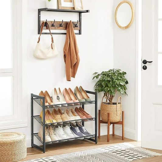 SONGMICS Shoe Rack, 3-Tier Shoe Organizer, Metal Shoe Storage for Garage, Stackable Shoe Shelf, with Adjustable Flat or Angled Shelves, 9-12 Pairs, Charcoal Gray ULMR03GB