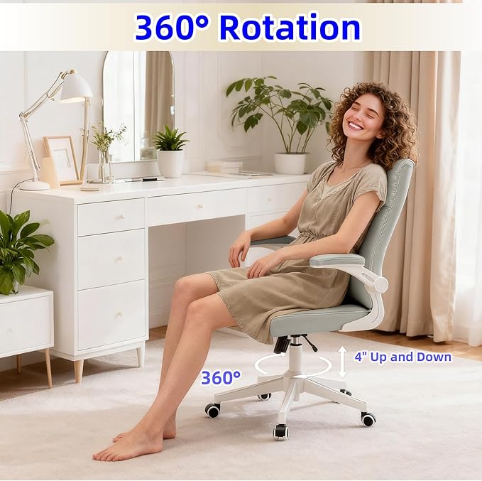 Ergonomic Office Desk Chair with Space Saving Flip-Up Arms, 360° Swivel & Reclining Back, High-Back Executive Chair in Soft Faux Leather for Office&Study（Gray）