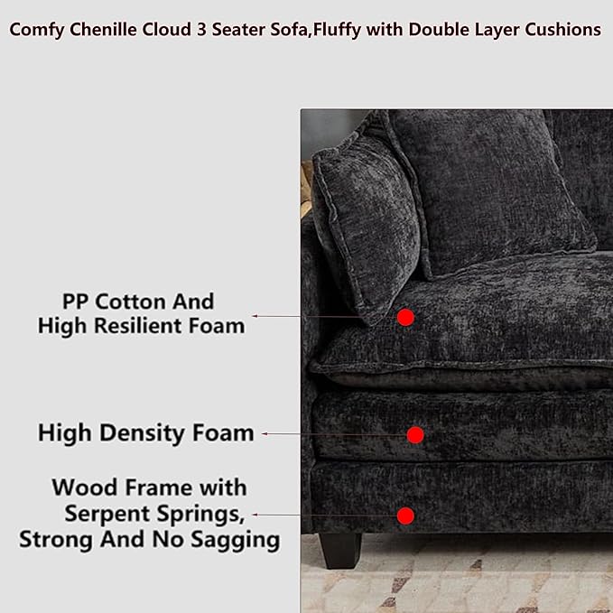 Aoowow Modular Sectional 3 Seater Cloud Sofa Couch for Living Room,113.8" Cloud Sofas with Deep Seat,Modern Chenille 3 Seat Sofas,Fluffy Cloud Couches for Bedroom,Apartment,Office (Black, 3 Seater)