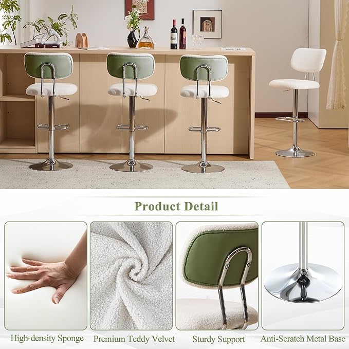 Furniliving Adjustable Bar Stools Set of 2, Modern Teddy Velvet Swivel Barstools with Curved Back, Stylish Armless Counter Height Bar Stools Bar Chairs for Kitchen Island, Bar, Green