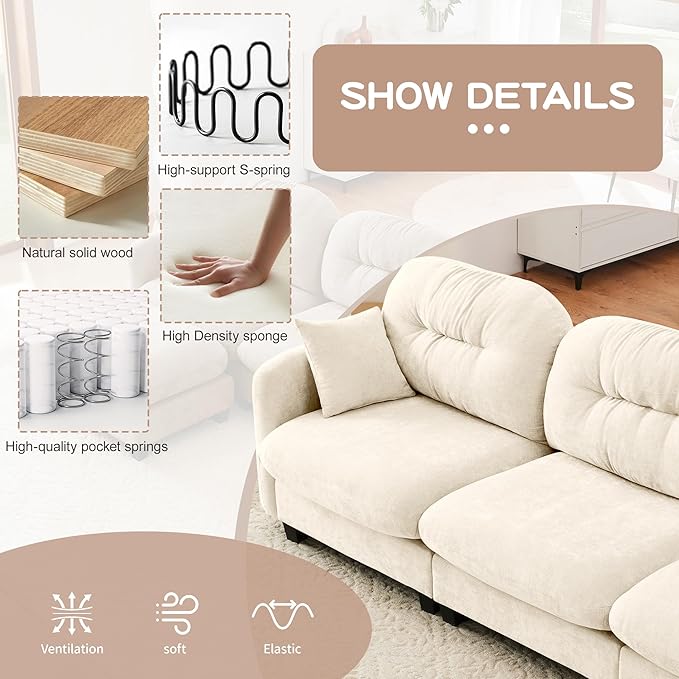107" U Shaped Couch for Living Room, Comfy Chenille Fabric Cloud Sectional Couch, Modern Upholstered Deep Seat Sofa with Pillow and 2 Movable Ottoman, Oversized 3 Seater Sectional Sofa, Beige