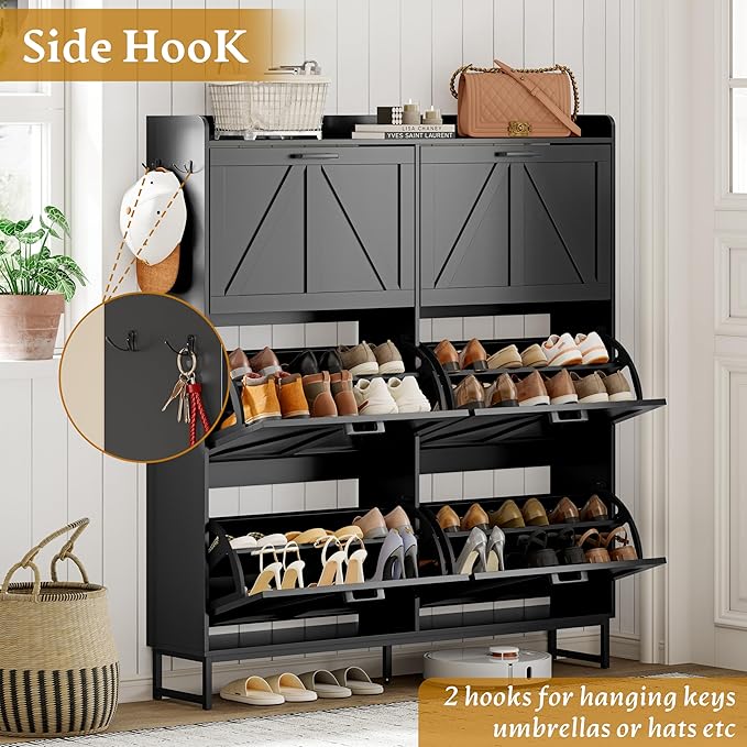 Shoe Cabinet Storage for Entryway, Shoe Storage Cabinet with 6 Flip Drawers, Freestanding Narrow Shoe Rack Organizer with Metal Legs, Adjustable Shelves & Open Storage for Foyer, Hallway, Black