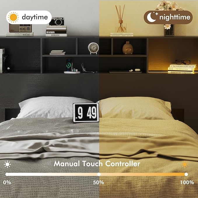 Apicizon 81" King Size Headboard Only, Black Storage Headboard with USB for King Size Bedroom, Wood Head Board with 2 LED Lights, Black Bookshelf