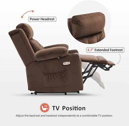 MCombo Small Triple Motor Power Lift Recliner Chair with Massage and Heat for Petite Elderly People, Adjustable Headrest, Infinite Position, USB Ports, Fabric 7664 (Brown, Small)