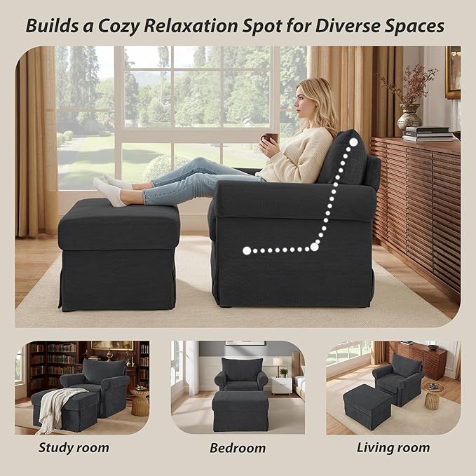 Modern Accent Chairs with Ottoman, Comfy Chenille Reading Armchair with Rolled Arms and Cushion Backrest, 35.8" W Chaise Lounge Chair for Living Room, Bedroom, Study, Apartment, Dark Grey
