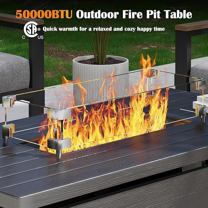 Sundale Outdoor 7 Pieces Patio Furniture Set with Fire Pit Table, L-Shaped Outdoor Sectional Sofa with 6 Inch Olefin Cushion, All-Weather Modern Metal Outdoor Conversation Sets (6 Seats,White Frame)