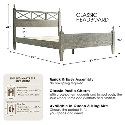 Queen Size Platform Bed Frame with Solid Wood Headboard & Footboard, Metal Legs, 12 Durable Slatted Base, No Box Spring Needed, Easy Assembly, Noise-Free & Anti-Slip, Weathered Gray Oak Finish, RIQ-34