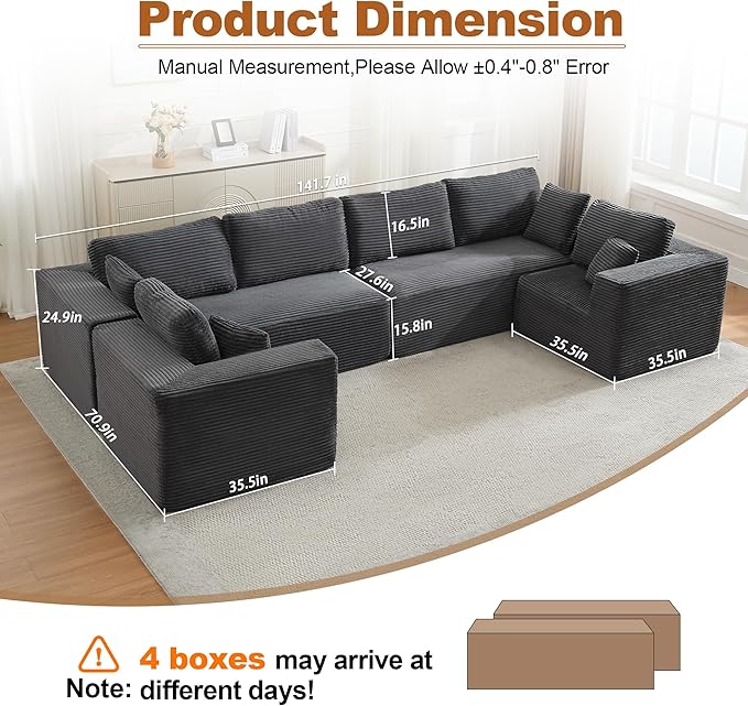 Modular Sectional Cloud Couch for Living Room,Modern Boneless Couche Set with Plush Corduroy,Comfy Floor Sofa with Memory Foam,Stupendous U Shaped Sofa with Chaise,No Assembly Required,Grey