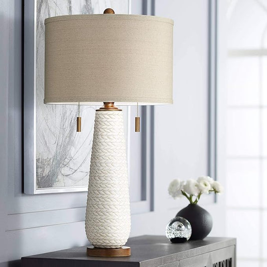 Possini Euro Design Kingston Mid Century Modern Table Lamp 32 3/4" Tall White Grooved Patterned Ceramic Taupe Drum Shade for Bedroom Living Room House Bedside Nightstand Home Office Entryway Family