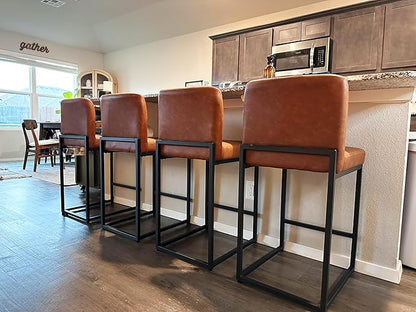 ALPHA HOME 24 Inch Bar Stools Set of 4, Kitchen Counter Stools with Backs, PU Leather Barstools, Kitchen Stools with Back&Upholstered Footrest, Sturdy Chromed Metal Steel Frame, Brown