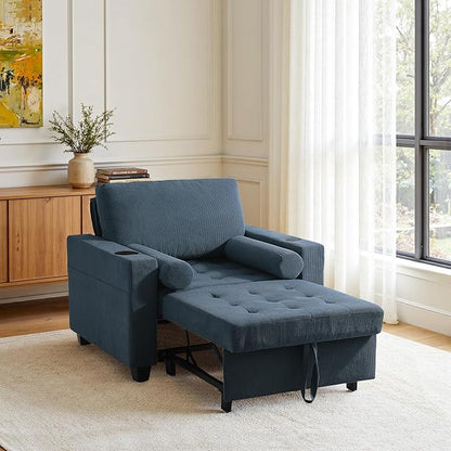 Convertible Sleeper Chair Bed, Comfy Corduroy Single Futon Sofa Chair with Pull Out Bed, 3-Levels Adjustable Backrest Accent Chair with Side Pockets, Cup Holder & USB Ports for Living Room, Bedroom