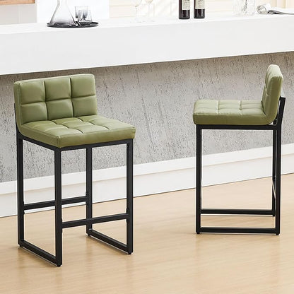Counter Height Bar Stools Set of 2, Modern Faux Leather Counter Stools with Low Back and Footrest, Upholstered Bar Chairs for Kitchen Island, Bar, Counter (Avocado Green, 2Pcs 26" Bar Stools)