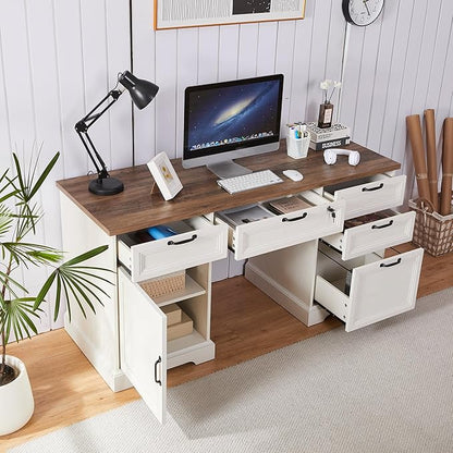 60" Farmhouse Executive Desk with Lock,Home Office Desk with Charging Station,Executive Desk with 4 Drawers & 1 Cabinet&1 File Cabinet for Office and Home