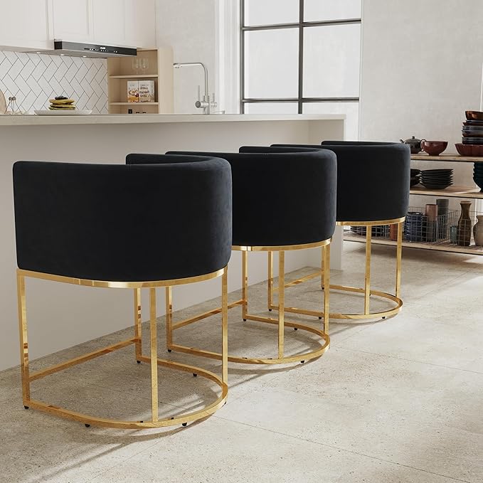 Contemporary Black Velvet Bar Stools Set of 3, 24" Upholstered Fabric Counter Height Barstools Kitchen Counter Island Stools with Screwed Together Golden Metal Base