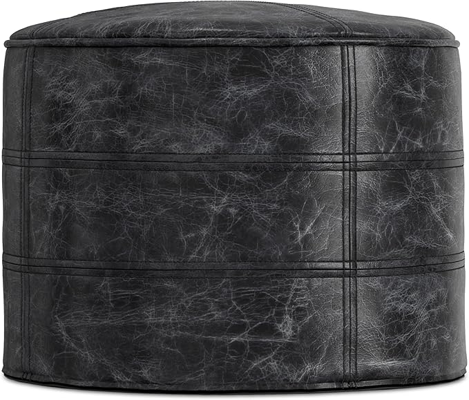 SIMPLIHOME Connor Boho Round Pouf in Distressed Black Genuine Leather for the Living Room, Bedroom and Kids Room